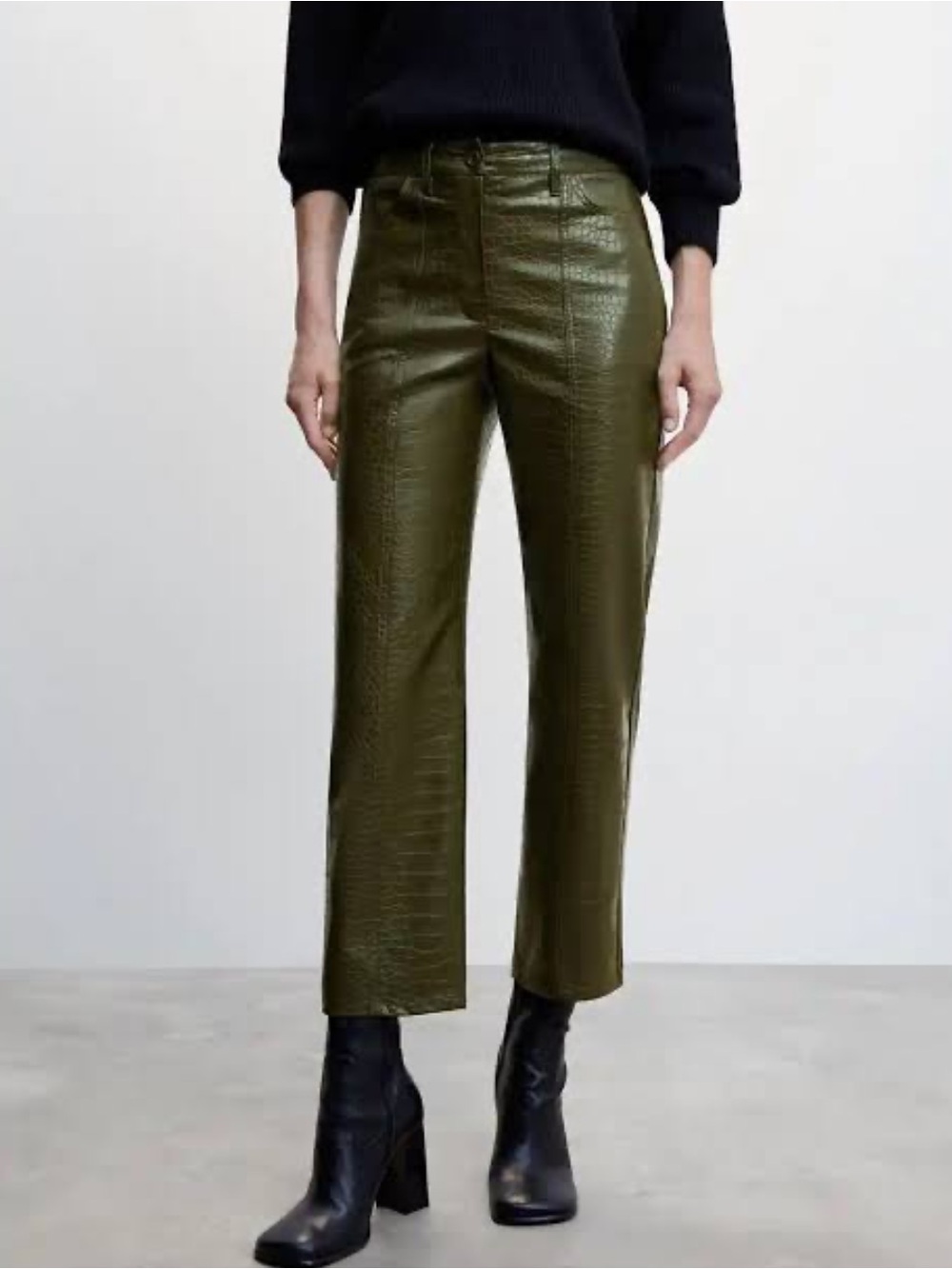 Mango Olive Green Croc-Embossed Straight-Leg Pants